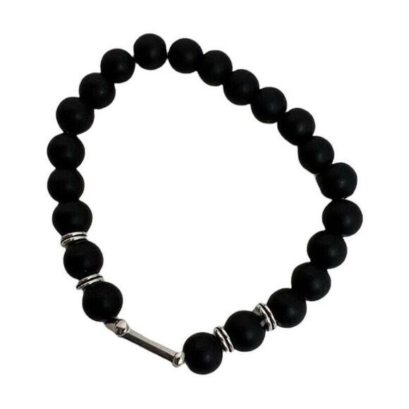 Anchor / Stone Bracelet Black Silver Tone Stretch Unisex Nautical Beach Classic - Picture 3 of 5
